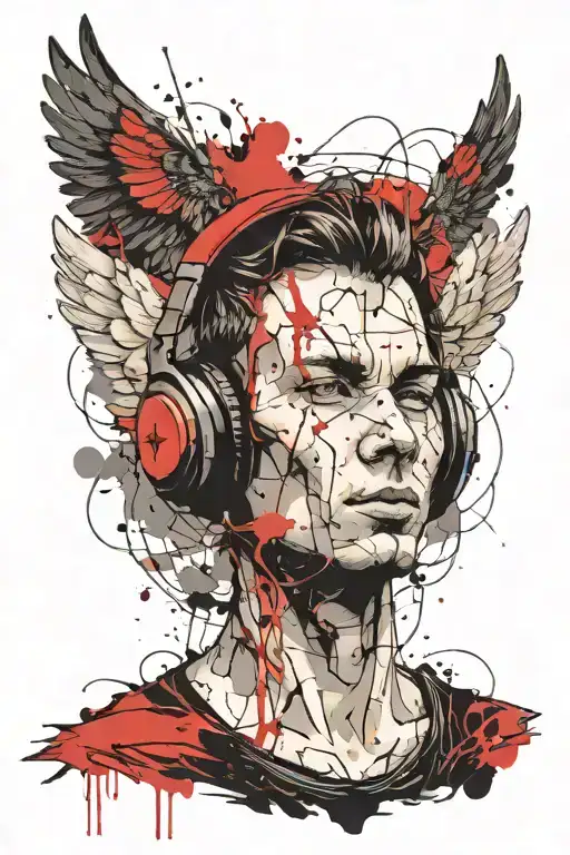 A Guy With Headphones And Wings With Clouds In The Background