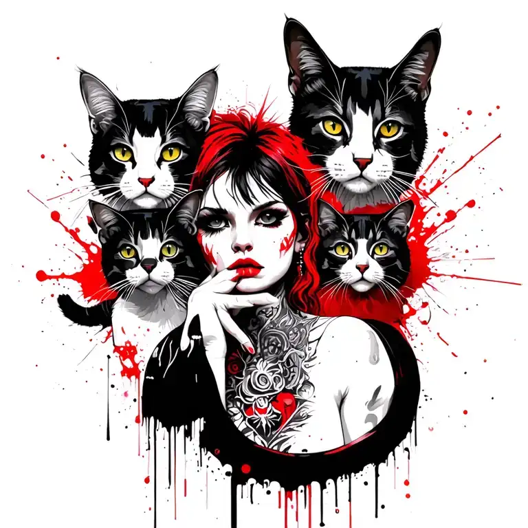 Punk Rock Girl With Gang Of Cats