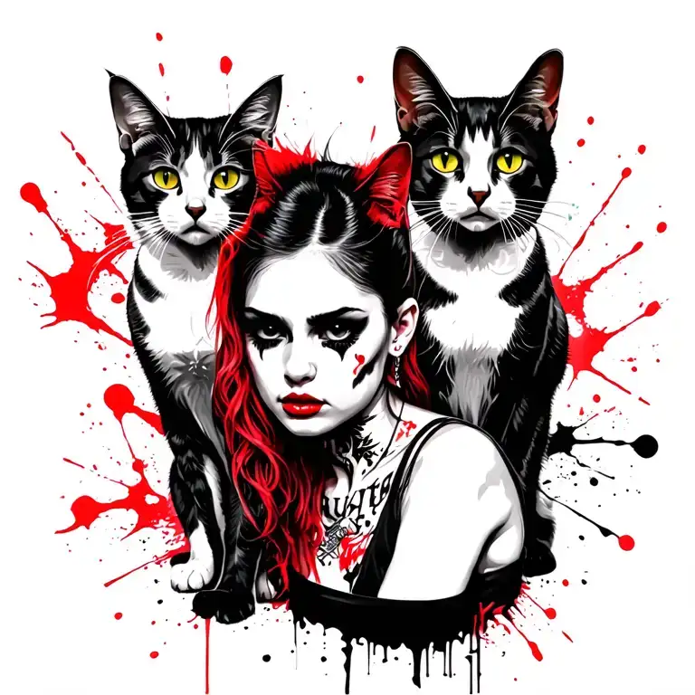 Punk Rock Girl With Gang Of Cats