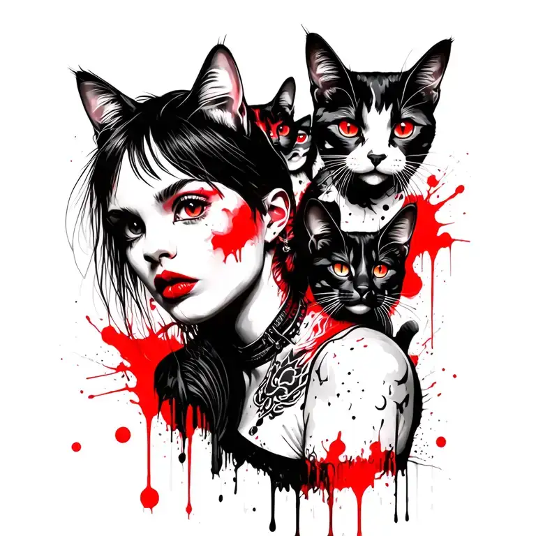 Punk Rock Girl With Gang Of Cats