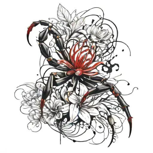 Scorpion And Red Spider Lily Flower