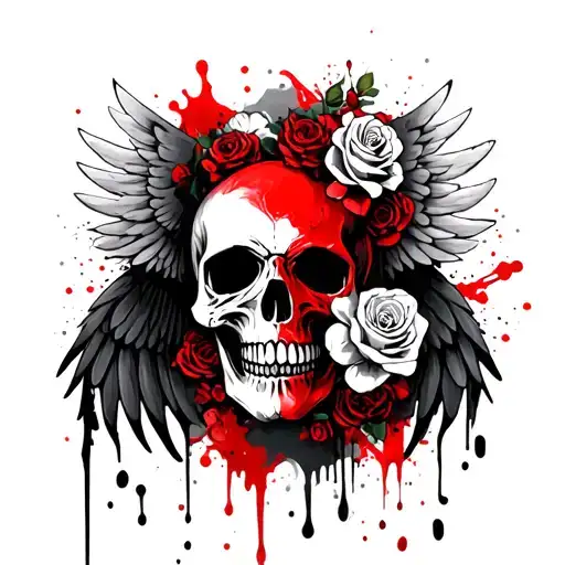 Skull With Wings And White Roses