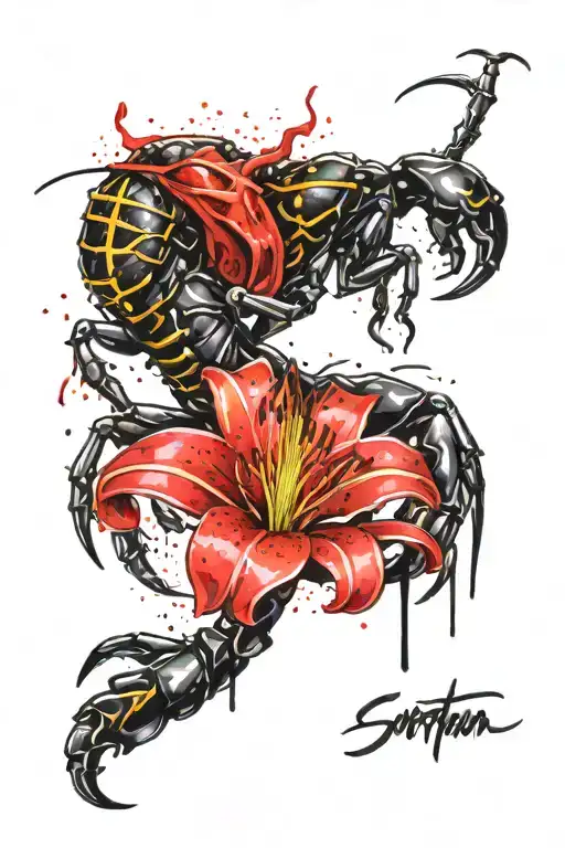 Scorpion And Red Lily Flower Surrounded