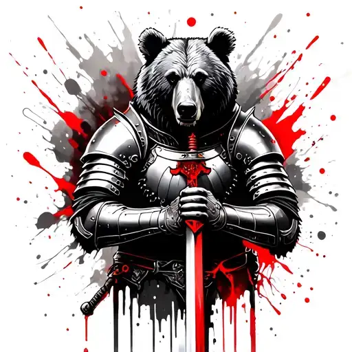 The Bear In Armor Holds The Sword With Two Hands Realism