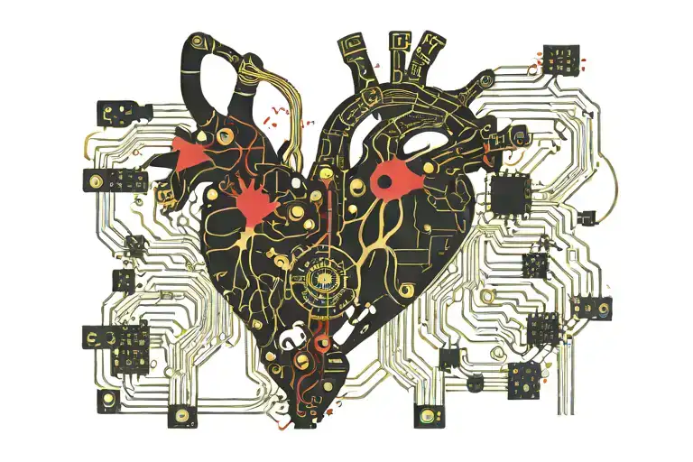 Black And Gold Realistic Heart Shaped Circuit Board With Gold Wires As Blood Veins