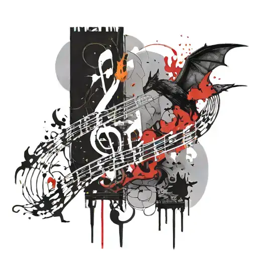 Cloudy Flames Music Note Intertwined Small Bats Flying Moonlit Scene