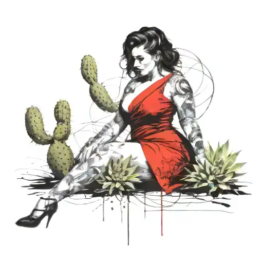 Curvy Darkhaired Lady With Cactus