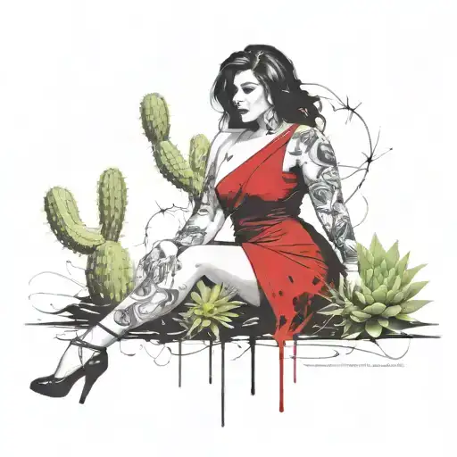 Curvy Darkhaired Lady With Cactus