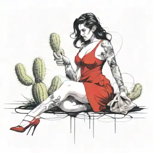 Curvy Darkhaired Lady With Cactus