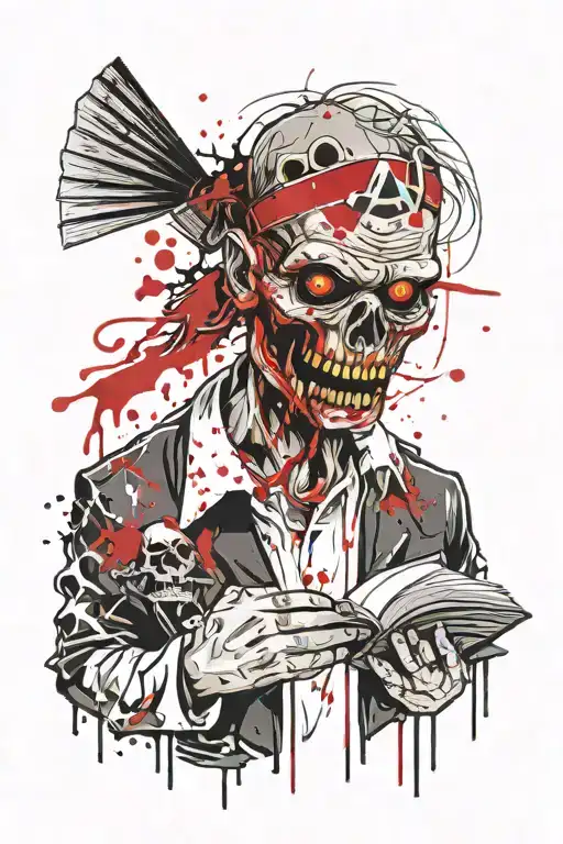 Gangster Holding Open Book Open In Front View Zombie Head