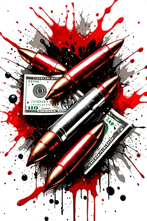 Blood Stained Bullets With Currency And Religious Symbols