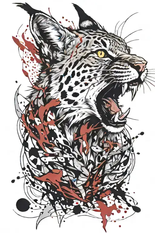 Bloody Lynx Screaming In A Half-turn On A White Background In Fantasy Style