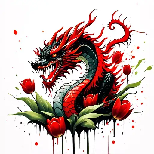 Japanese Dragon Sitting On Tulips