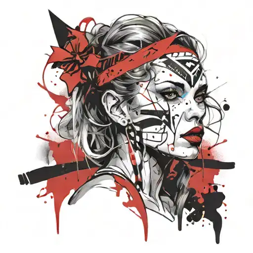 Face Of Warrior Woman With A Bow In Her Hand On A Road