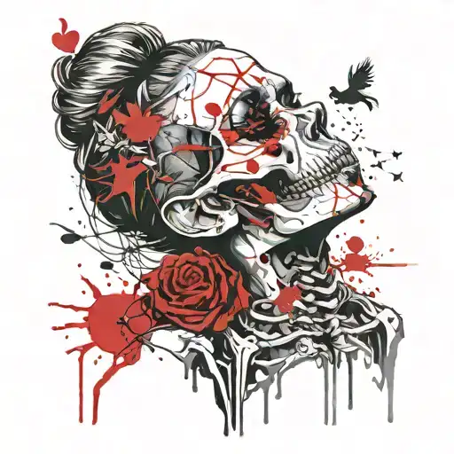 Beautiful Girl Kissing A Skeleton