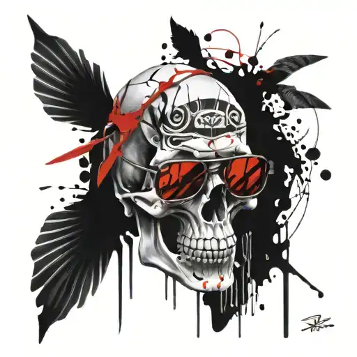 Skull Wearing Ray Ban Sunglasses And A Fish Black And White