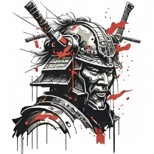 Samurai Head With Helmet Inthe Dark Forest Looking
