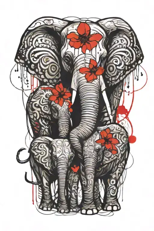 Mother Elephant And Her Two Young Children Sitting