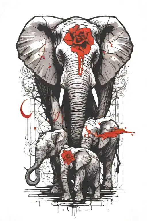 Mother Elephant And Her Two Young Children Sitting