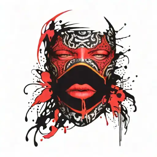 Black Balaclava Mask With Empty Eye Holes And A Set Of Colored Snarling Lips In The Mouth Hole