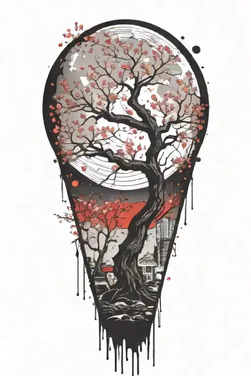 Sakura Tree With Bleeding Moon In Background