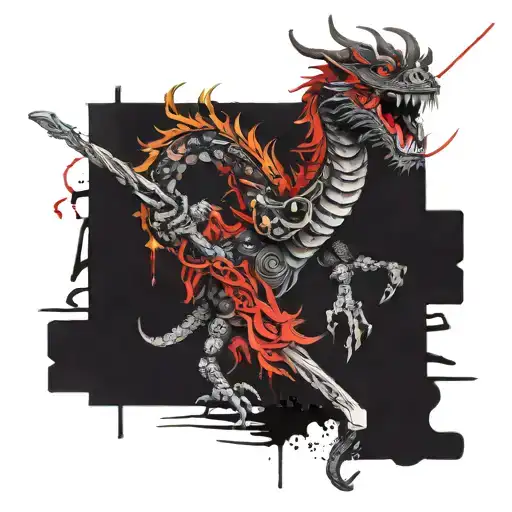Psychedelic Chinese Dragon With Katana Among Demons