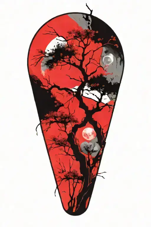 Sakura Tree With Red Moon Offset In Background