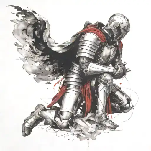 Kneeling Man With Armor Of God Surrounded By Dark Ominous Clouds