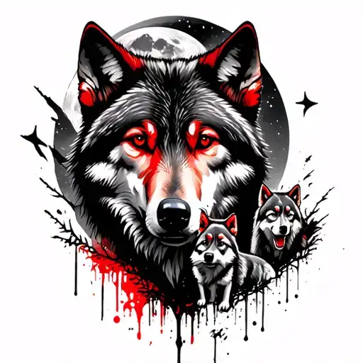 Wolf With Two Small Wolves At Full Moon In The Background Of The Mountain Around The Forest