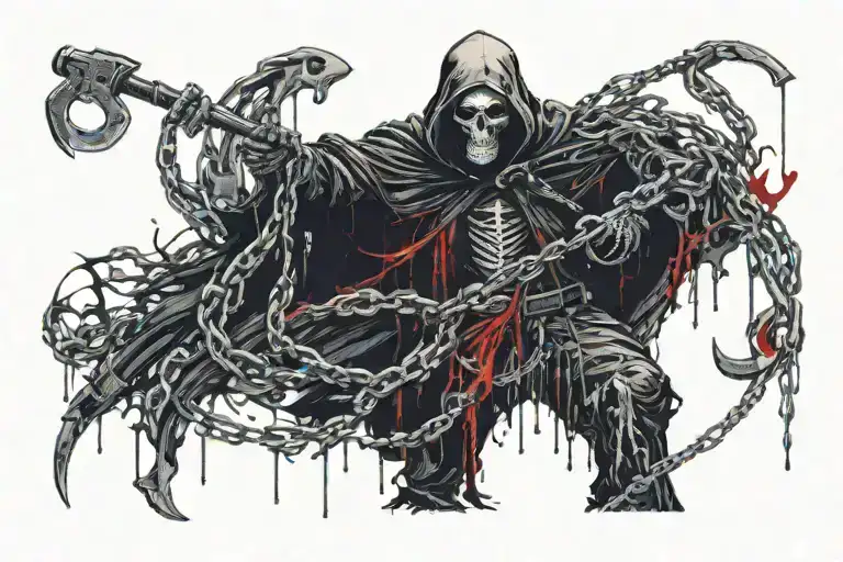 Grim Reaper Wrapped In Chains Holding A Scythe