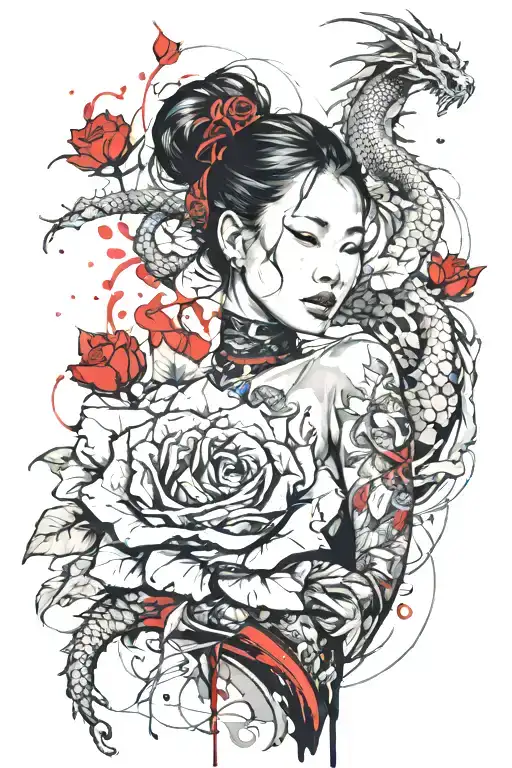 Asian Girl Wrapped By A Roses And Dragon