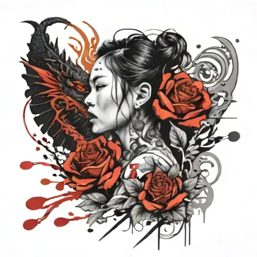 Asian Girl Wrapped By A Roses And Dragon