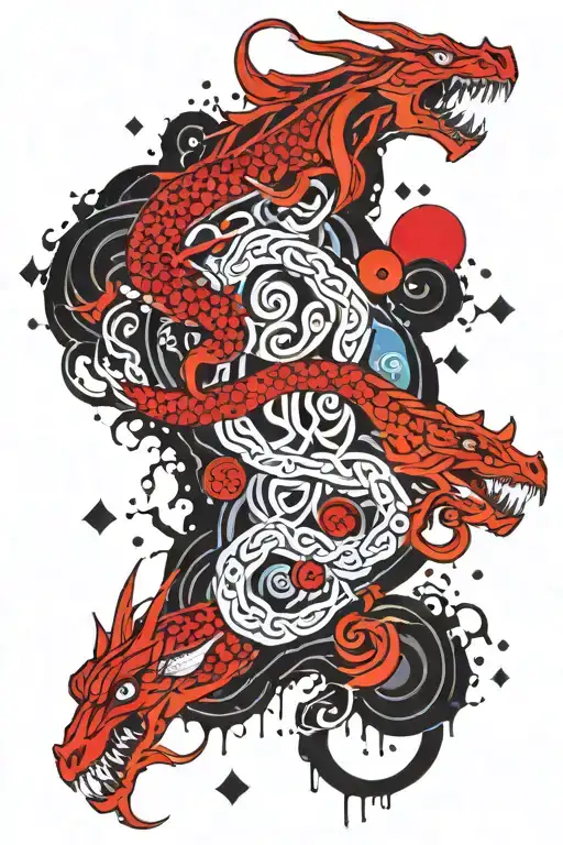 Aquarius And Dragon Traditional Celtic Tattoo With Trippy Mushroom Geometrics