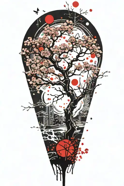 Sakura Tree With Red Moon In Offset In Background