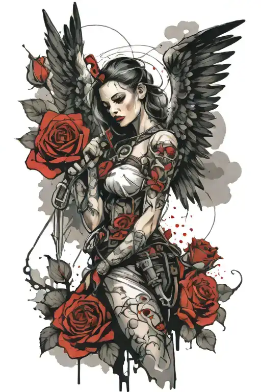 A Female Angel As A Warrior With Some Clouds And A Rose For A Halfsleeve