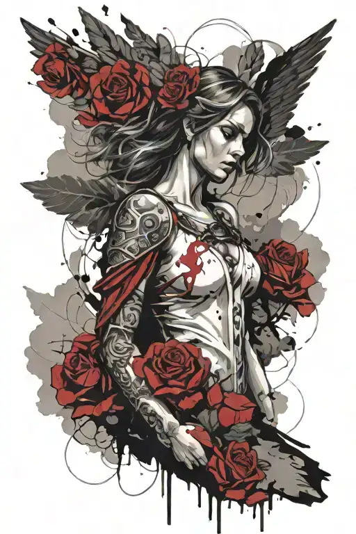 A Female Angel As A Warrior With Some Clouds And A Rose For A Halfsleeve