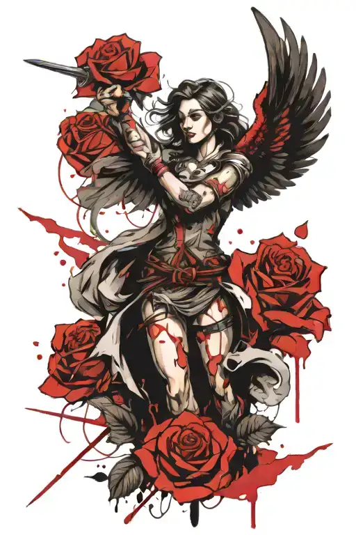 A Female Angel As A Warrior With Some Clouds And A Rose For A Halfsleeve