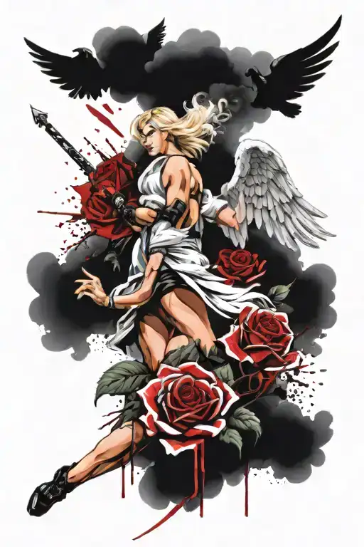 A Sexy Blond Female Angel As A Warrior With Some Clouds And A Rose For A Halfsleeve