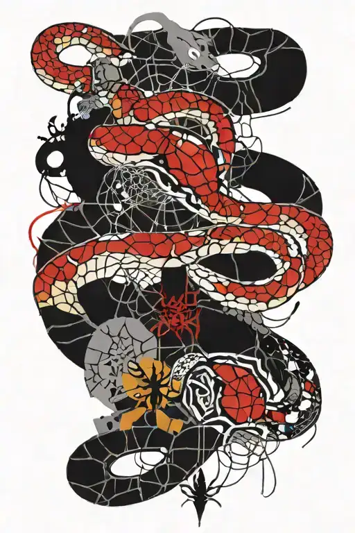 Snake With The Spider Webs Surrounding