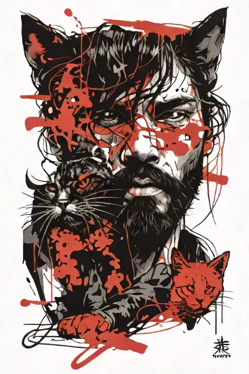 Man With Black Hair And Beard Hugging A Cat