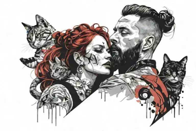 Woman Redhead And Man With Black Hair And Beard Hugging A Cat
