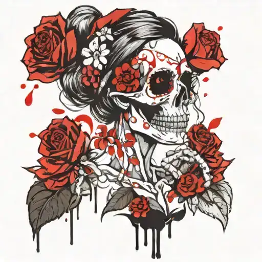 Skull Flowers Pinup Girl Drugs