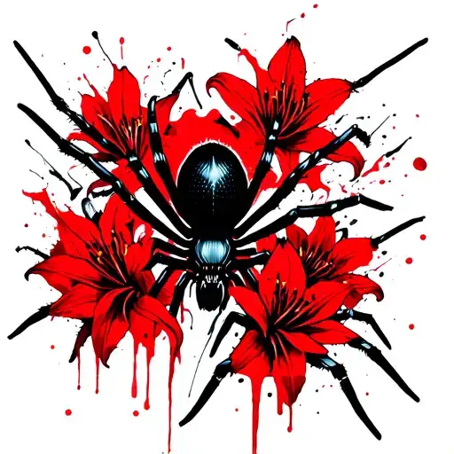 Black Spider With A Lot Of Red Spider Lilies In The Back