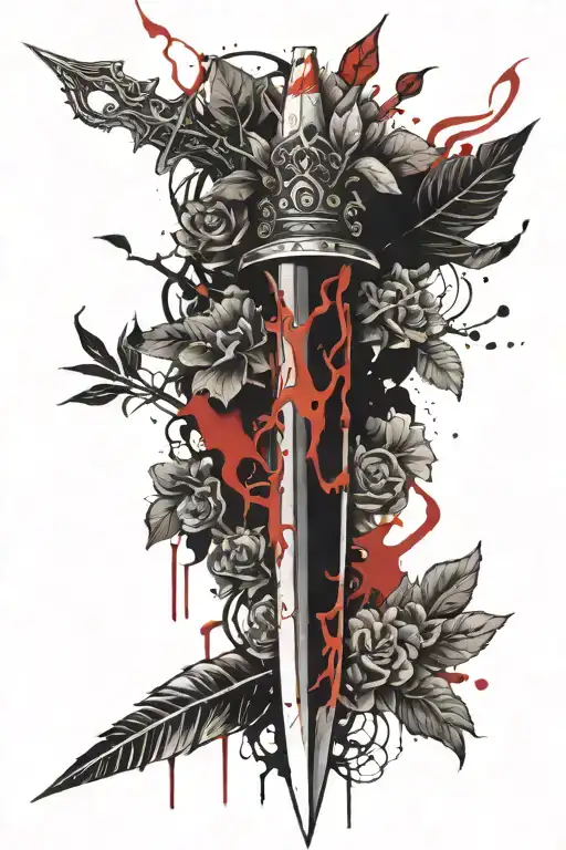 Dagger With Plant Growing Around It With Red Accents On The Whole