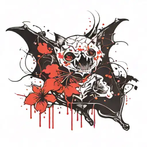 Bat With An Exposed Skeleton And A Cherry Blossom Tattoo
