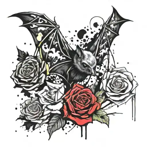 Bat With A Rose And And Hearts Tattoo