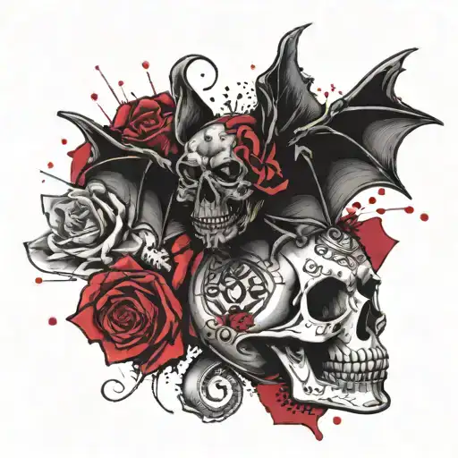 A Bat On Top Of A Sugar Skull And A Rose Tattoo