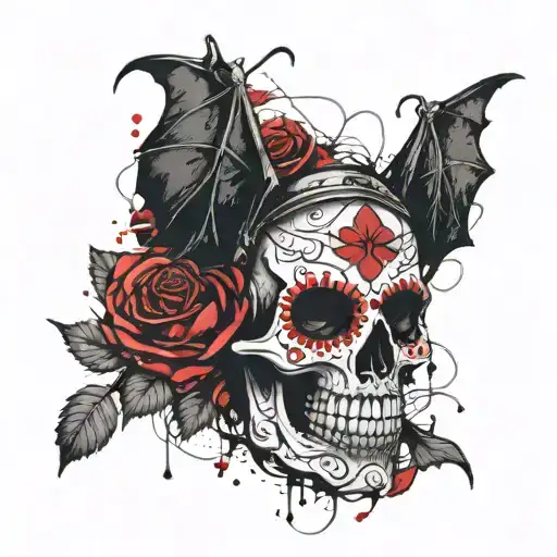 A Sugar Skull With Roses And A Bat On His Head Tatto Tattoo
