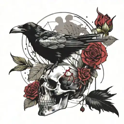 A Raven Sits On A Skull And Holds A Rose In Its Beak