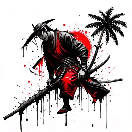Samurai Leaning Against A Palm Tree Branch